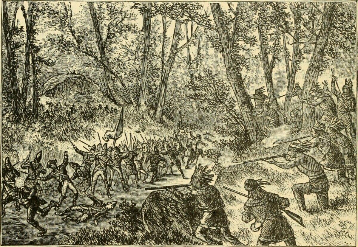 "Disastrous Defeat of General Braddock." This scene during the French and Indian War shows British soldiers under fire from the French and Indian forces at Monongahela, when Gen. Braddock's expedition failed to take Fort Duquesne. The war was costly for the British. (Public Domain)