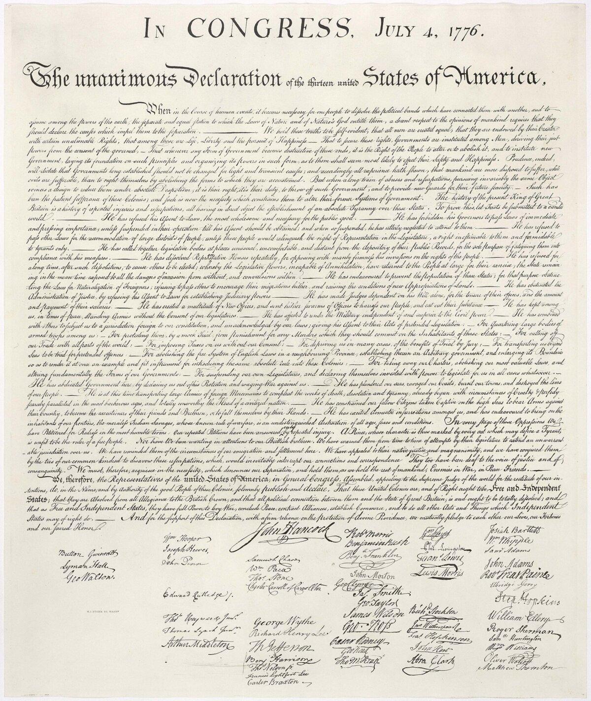 The United States Declaration of Independence. This image is a version of the 1823 William Stone facsimile. (Public Domain)
