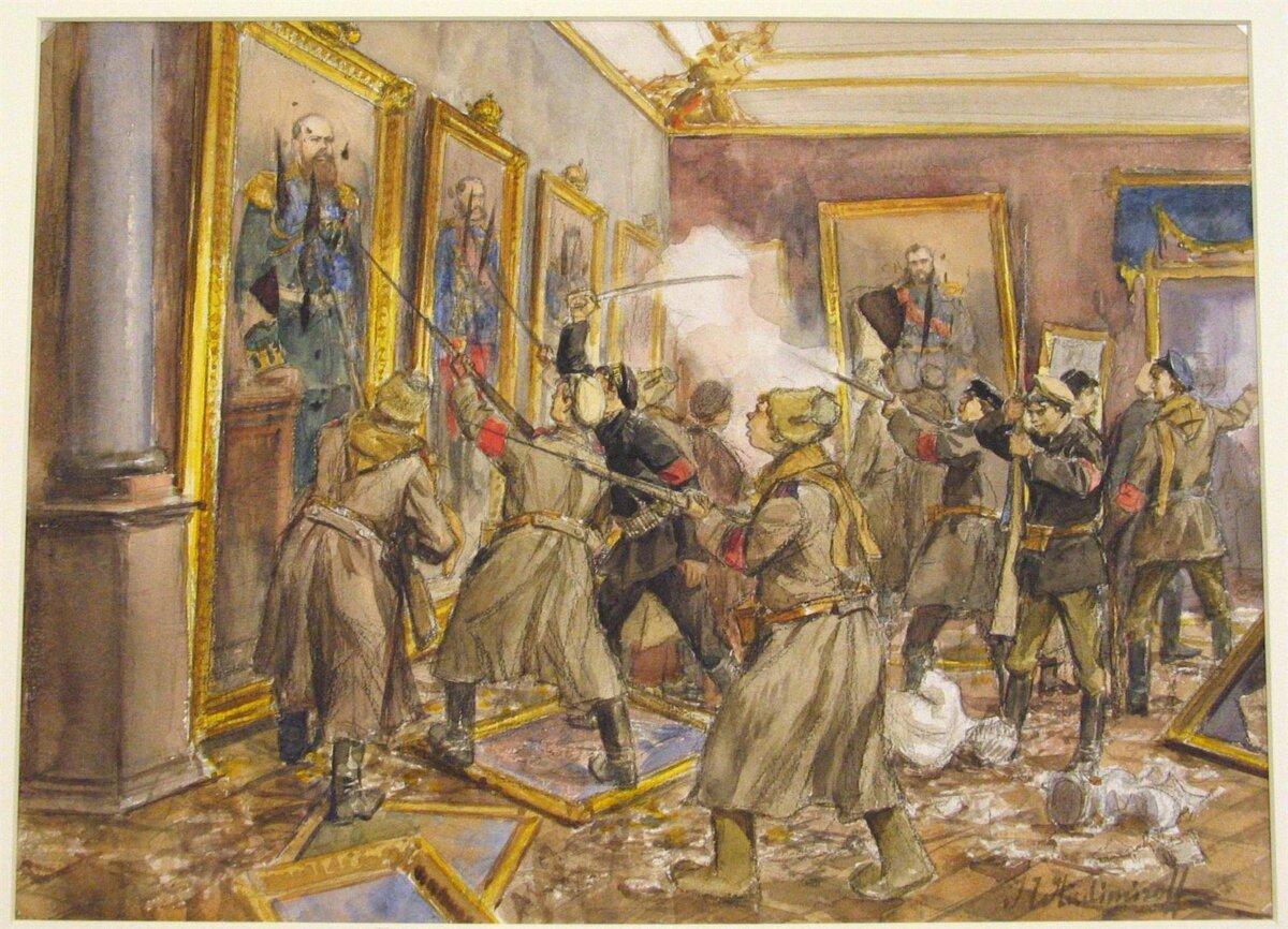 "Pogrom in the Winter Palace," 1917, by Ivan Vladimirov. The illustration documents the invasion of the czar’s Winter Palace by the Bolshevik revolutionaries. (Public Domain)