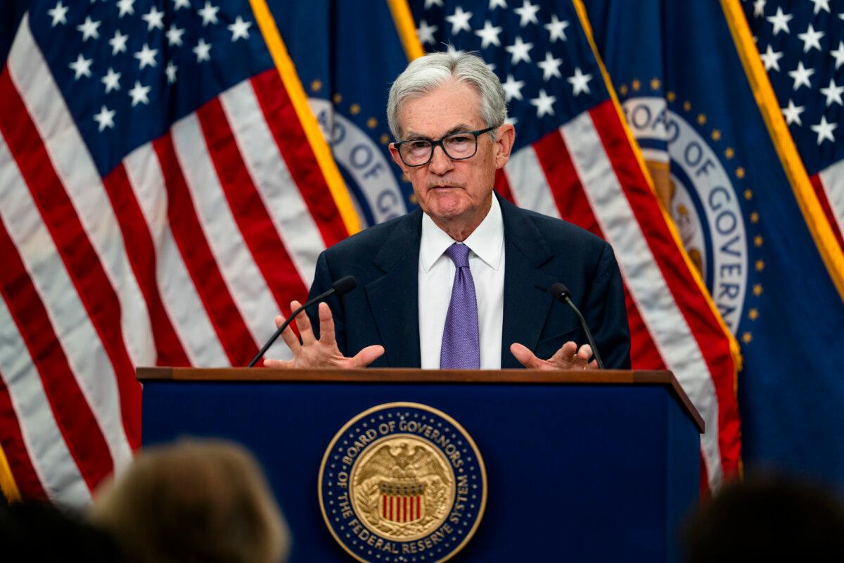Federal Reserve Chair Jerome Powell speaks at a news conference following the Federal Open Market Committee (FOMC) meeting in Washington on Oct. 29, 2025. (Madalina Kilroy/The Epoch Times)
