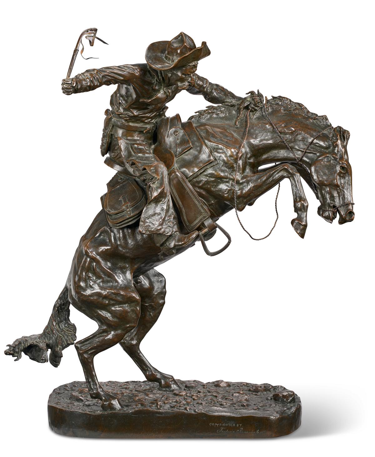 "The Broncho Buster," modeled in 1895 and cast circa 1898, by Frederic Remington. Bronze with brown patina; 23 3/4 inches. (Christie's)