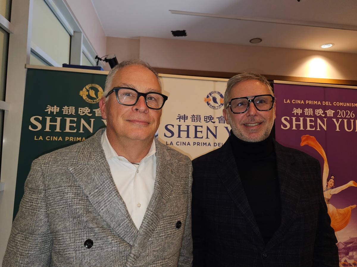 On the evening of Jan. 9, 2026, company founder Michele Stocco (L) and bank executive Federico Borgato (R) enjoyed the Shen Yun New York Company’s third performance at the Teatro Nuovo Giovanni da Udine in Udine, Italy. (Massimo Marcon/The Epoch Times)