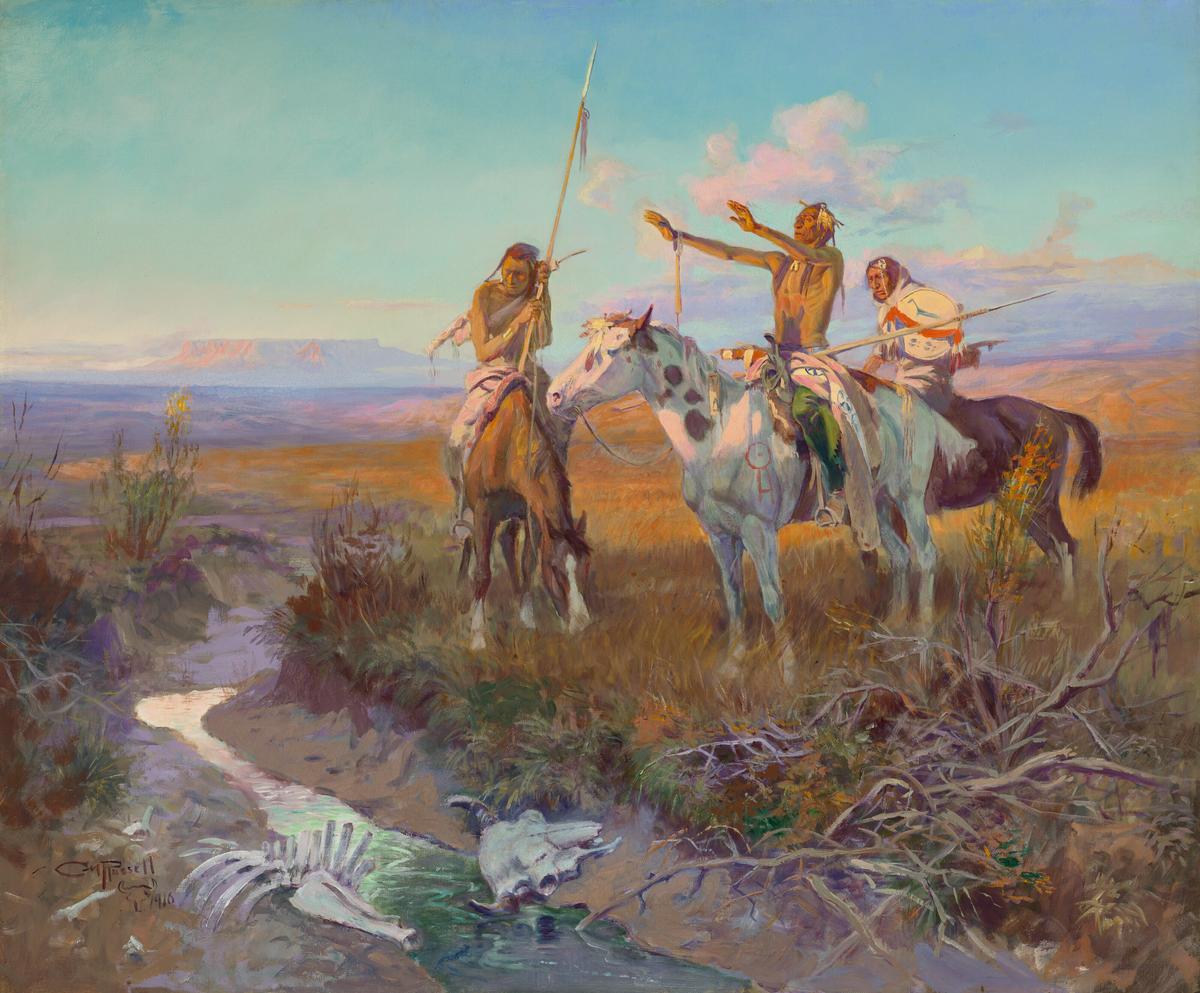 "The Sun Worshippers," 1910, by Charles Marion Russell. Oil on canvas; 30 1/4 inches by 36 1/4 inches. (Christie's)