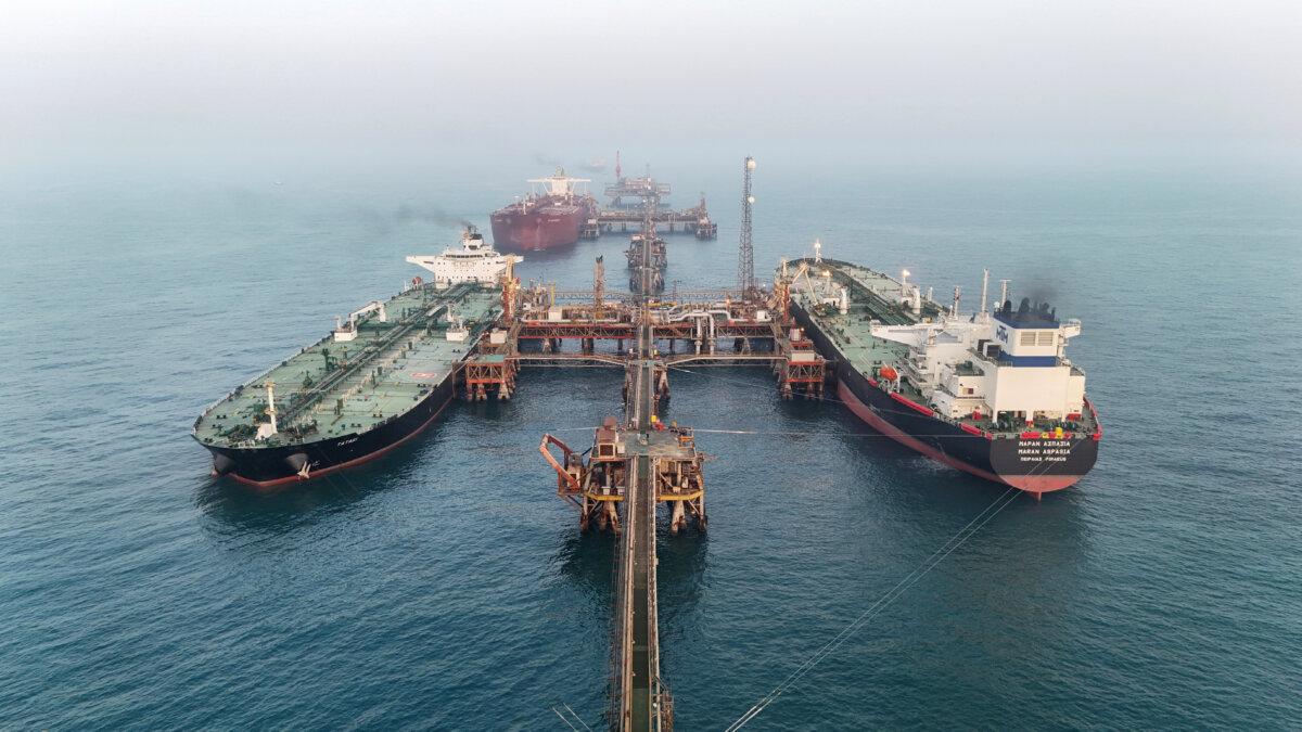 A drone view shows oil tankers loading crude oil at the Basra Oil Terminal in Iraqi territorial waters, off the coast of Basra, Iraq, on Aug. 5, 2025. (Mohammed Aty/Reuters)