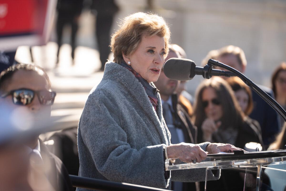 Secretary of Education Linda McMahon speaks outside the U.S. Supreme Court in Washington on Jan. 13, 2025. (Madalina Kilroy/The Epoch Times)