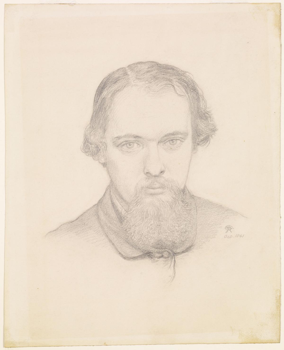 A self-portrait of the artist, 1861, by Dante Gabriel Rossetti. Pencil on paper; 11 1/5 inches by 9 inches. Birmingham Museums Trust. (Public Domain)