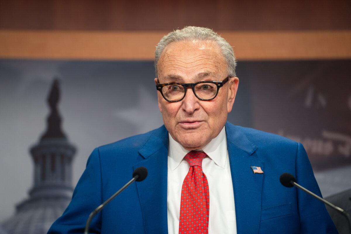 Senate Minority Leader Chuck Schumer (D-N.Y.) speaks at a press conference on Capitol Hill in Washington on Jan. 14, 2025. (Madalina Kilroy/The Epoch Times)