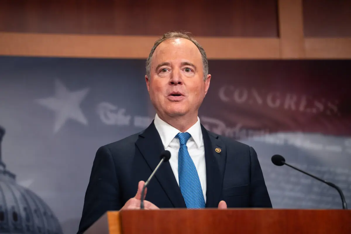 Sen. Adam Schiff (D-Calif.) speaks at a press conference on Capitol Hill in Washington on Jan. 14, 2025. (Madalina Kilroy/The Epoch Times)