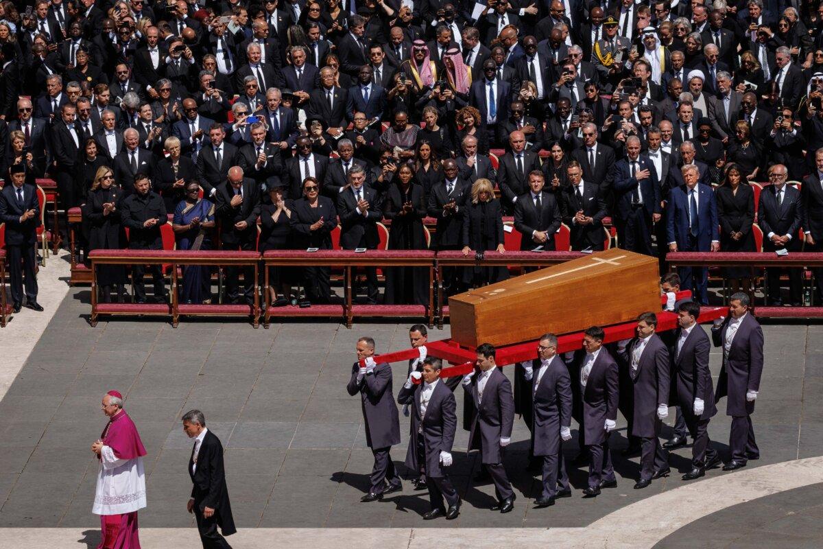 Hungarian President Tamas Sulyok (4th L front row, with head bowed) and his wife, Zsuzsanna Nagy (5th L), join President Donald Trump (3rd R) and First Lady Melania Trump (2nd R), at the funeral of Pope Francis in St. Peter's Square in Vatican City, Vatican, on April 26, 2025. (Dan Kitwood/Getty Images)