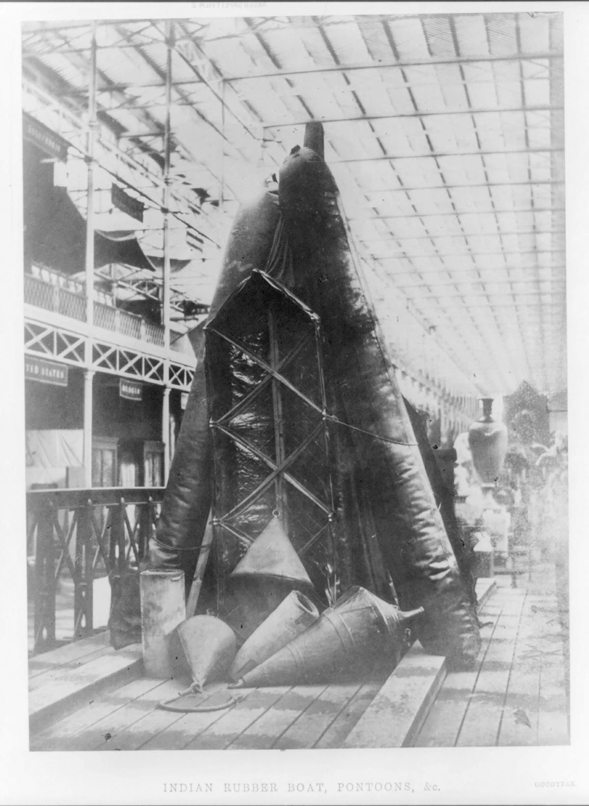 Photograph shows the Charles Goodyear exhibit of vulcanized India rubber products (boat, pontoons, and buoys), 1851. Library of Congress. (Public Domain)