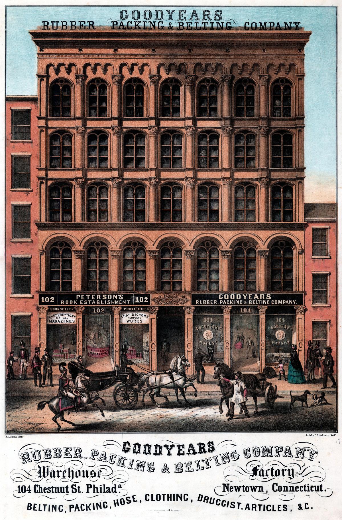 Emil Luders’s circa 1856 advertising print that shows the five-story offices and storefront of Philadelphia’s Girard Building, which Goodyears Rubber Packing & Belting Company operated. Library of Congress. (Public Domain)