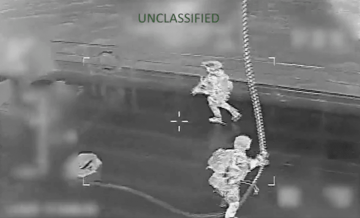 U.S. military personnel lower themselves from a helicopter onto Motor/Tanker Veronica during a boarding and seizure operation in the Caribbean Sea on Jan. 15, 2026. (U.S. Southern Command/Screenshot)