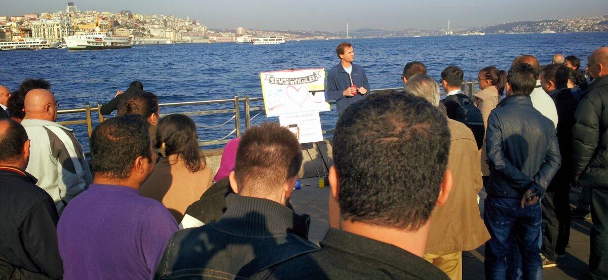 Protestant missionary David Byle practices "street evangelism" in downtown Istanbul, Turkey. (Courtesy of David Byle).