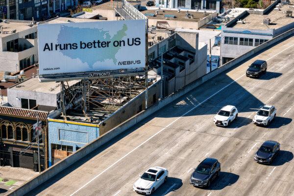 In an aerial view, a billboard advertising an artificial intelligence (AI) company is posted in San Francisco on Sept. 16, 2025. (Justin Sullivan/Getty Images)