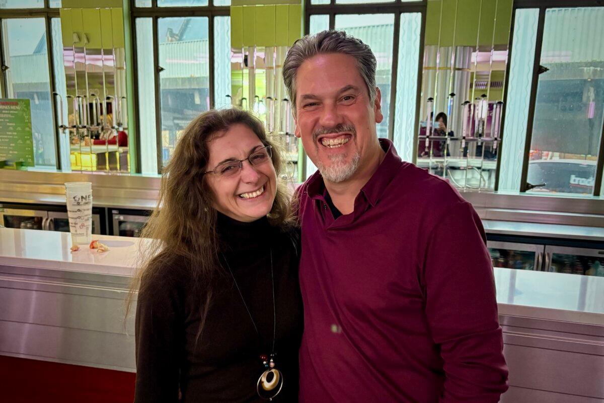 Francesca Waugh and her husband, Steve, at the Shen Yun Performing Arts performance at Eventim Apollo on Jan. 15, 2026. (Ming Li/The Epoch Times)