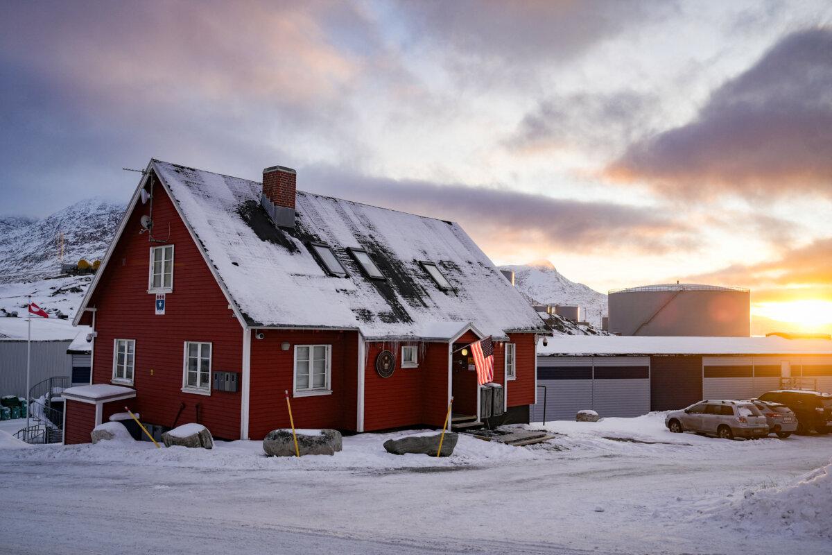 The sun rises behind the U.S. Consulate in Nuuk, Greenland, on Jan. 15, 2026. (Alessandro Rampazzo/AFP via Getty Images)