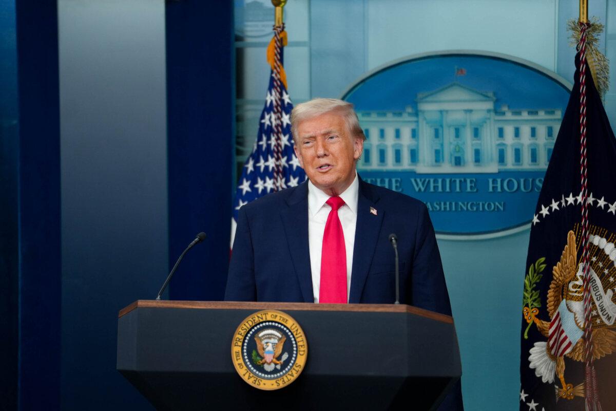 President Donald Trump speaks during a news briefing marking the first year of his second term, at the White House on Jan. 20, 2025. (Madalina Kilroy/The Epoch Times)