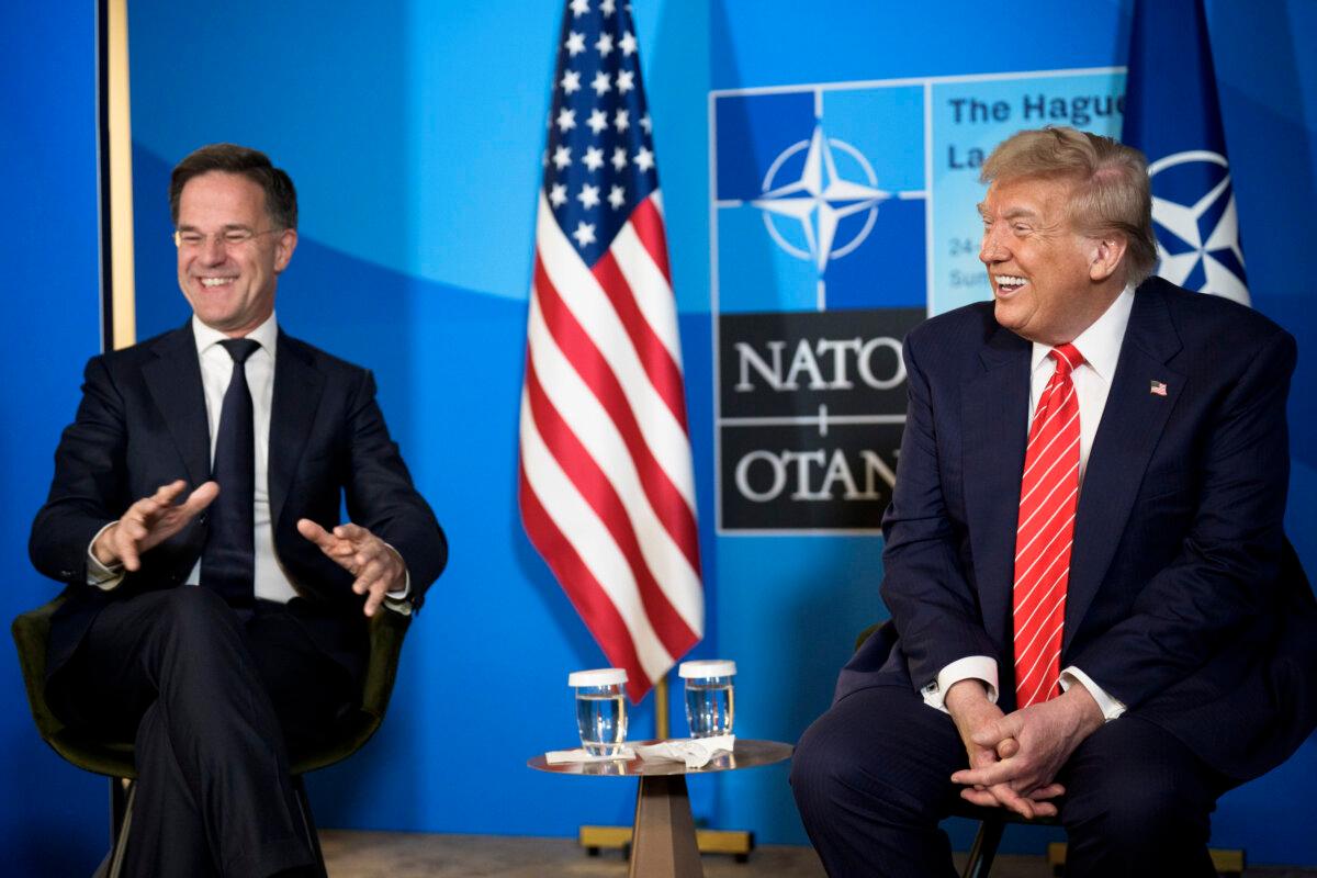 U.S. President Donald Trump (R) and NATO Secretary-General Mark Rutte speak to members of the media at the start of the second day of the 2025 NATO Summit in The Hague, Netherlands, on June 25, 2025. (Andrew Harnik/Getty Images)