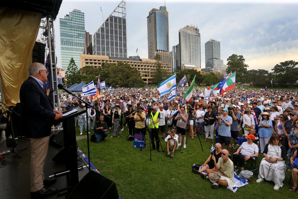 Former Prime Minister Scott Morrison speaks to a large crowd during a rally against anti-Semitism in Sydney, Australia, on Feb. 18, 2024. (Lisa Maree Williams/Getty Images)