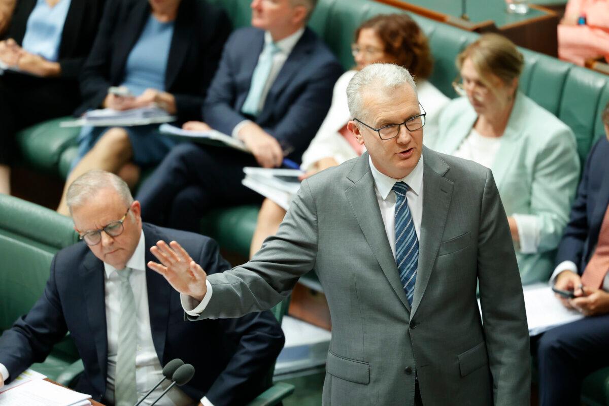 Minister for Home Affairs, Cyber, and Immigration Tony Burke addresses the chamber at Parliament House in Canberra, Australia on Jan. 20, 2026. (Hilary Wardhaugh/Getty Images)