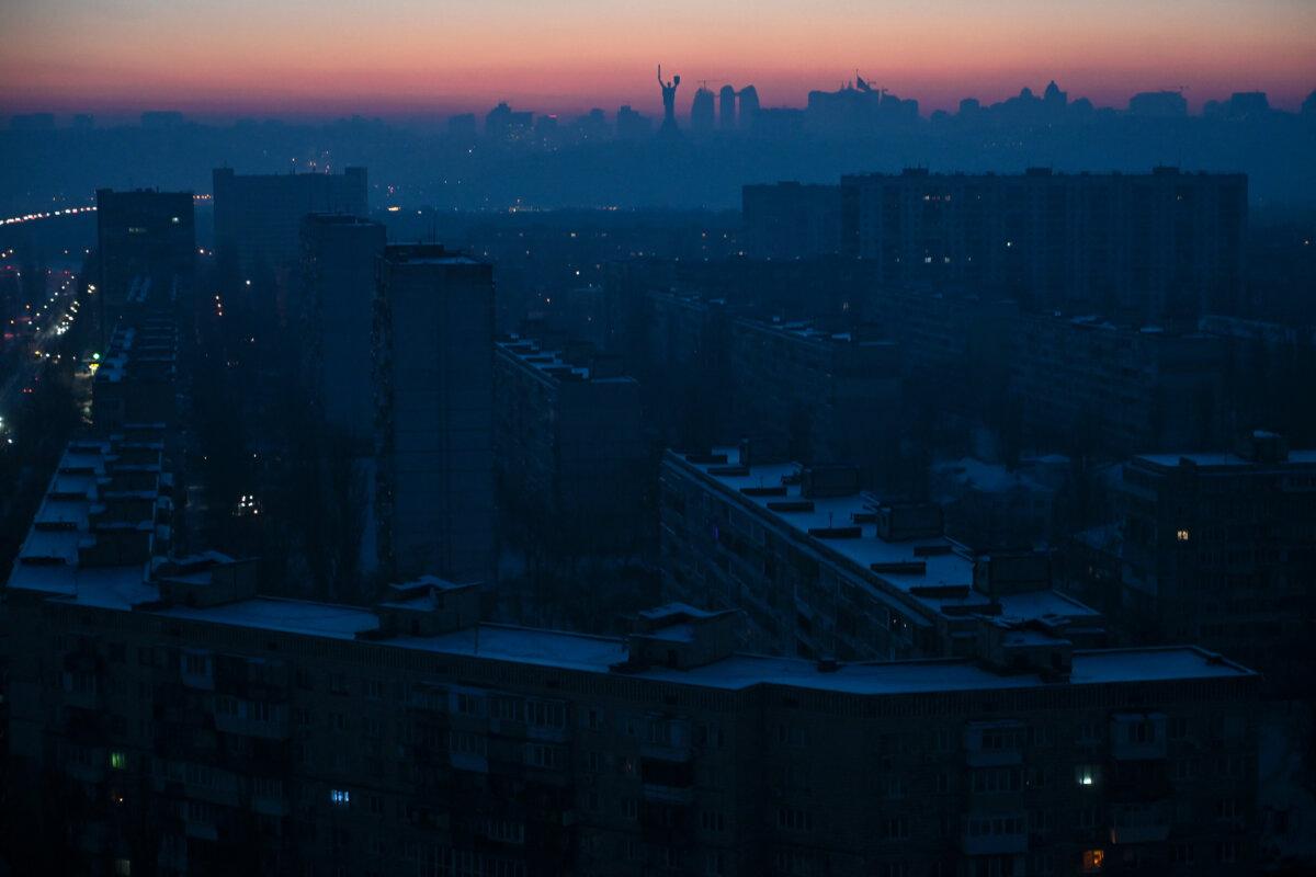 Residential buildings during a power outage in Kyiv on Jan. 21, 2026. ( Eugene Kotenko/AFP via Getty Images)