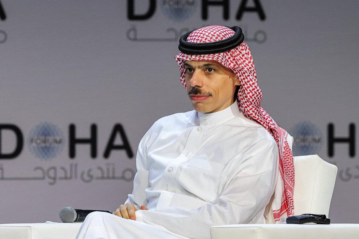Saudi Arabia's Foreign Minister Prince Faisal bin Farhan al-Saud attends a plenary session titled "Transforming for a New Era," during the Doha Forum in Doha, Qatar, on March 26, 2022. (Karim Jaafar/AFP via Getty Images)