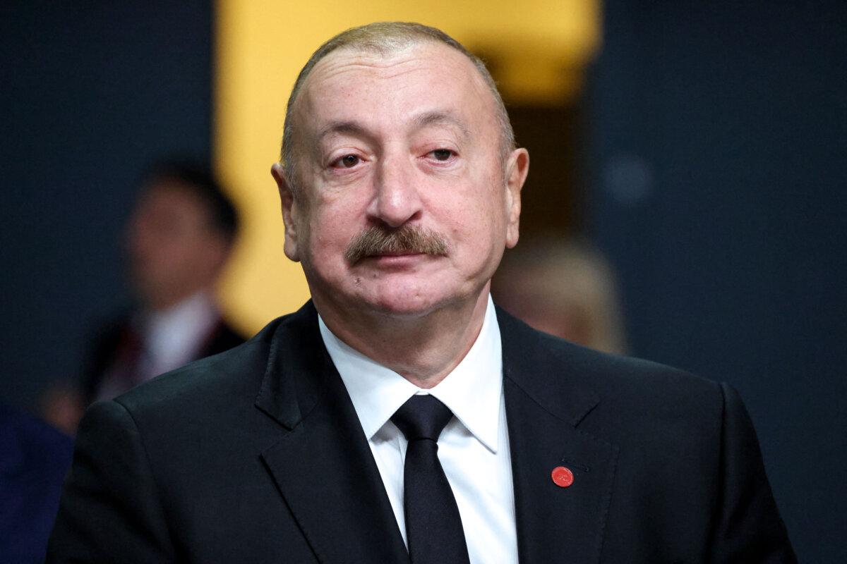 Azerbaijan's President Ilham Aliyev arrives for a working session of the 7th European Political Community Summit at the Bella Center in Copenhagen, Denmark, on Oct. 2, 2025. (Ludovic Marin/AFP via Getty Images)