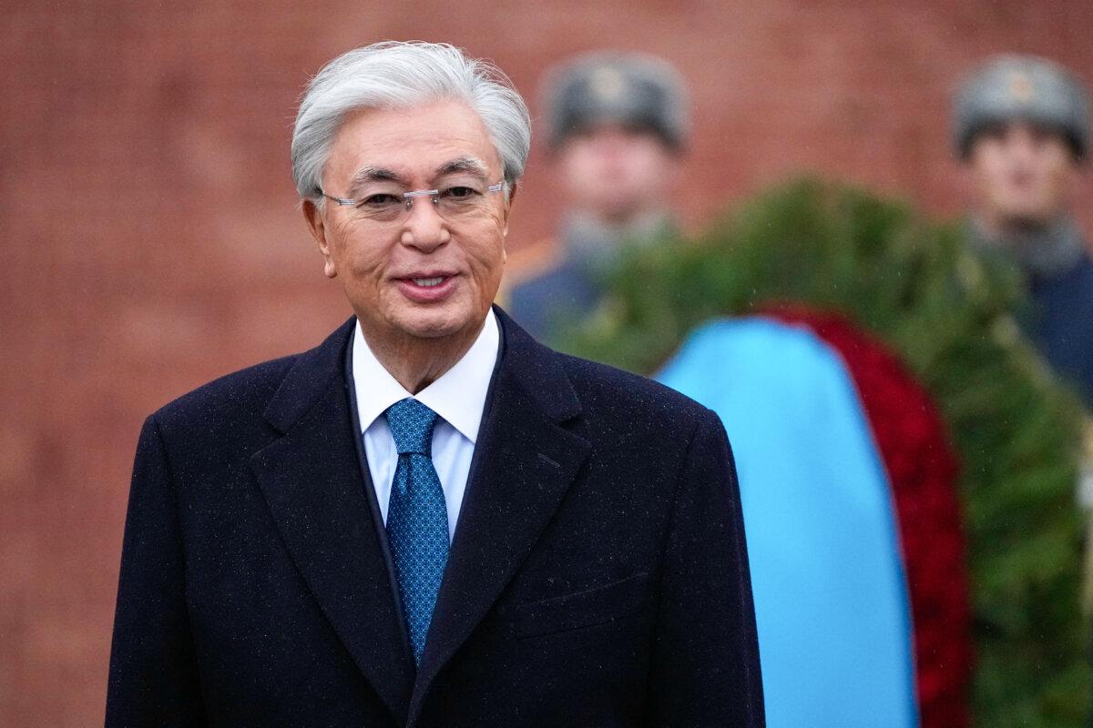 Kazakhstan's President Kassym-Jomart Tokayev near the Kremlin wall in Moscow on Nov. 12, 2025. (Alexander Zemlianichenko/POOL/AFP via Getty Images)