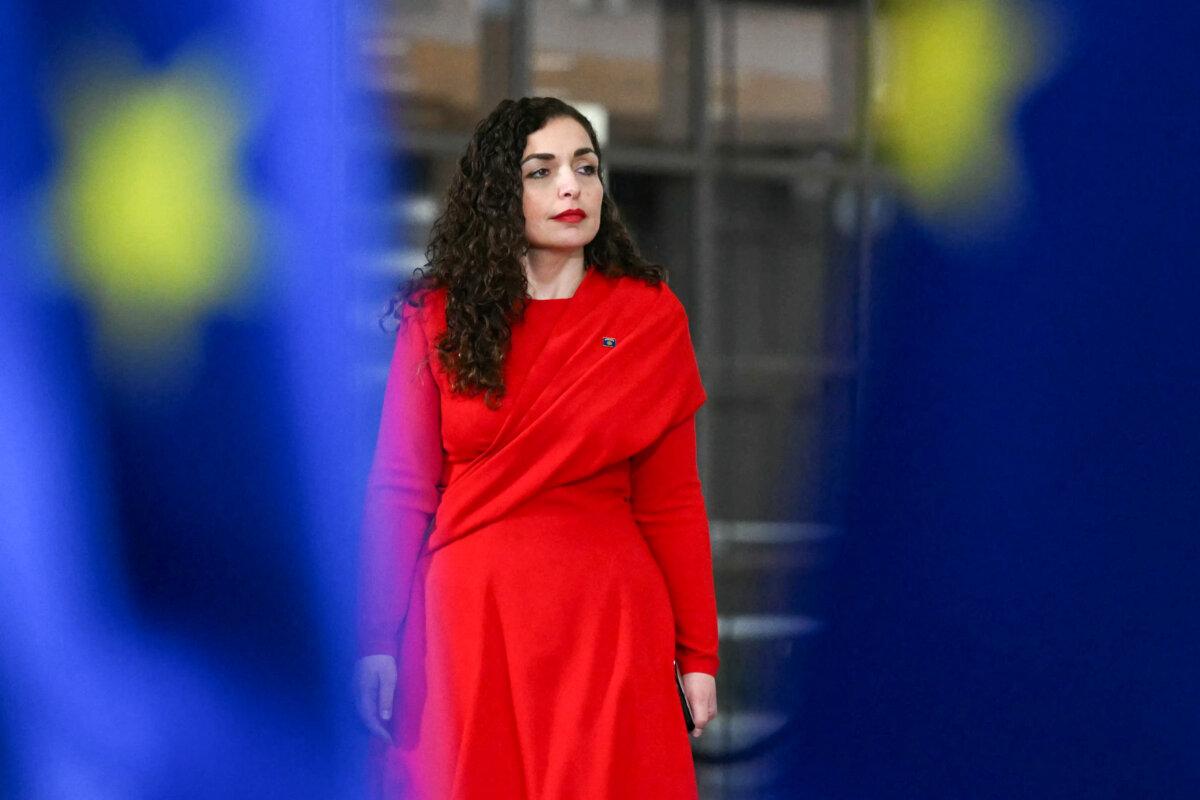 Kosovo's President Vjosa Osmani arrives to attend the EU Western Balkans summit ahead of the European Council in Brussels on Dec. 17, 2025. (Nicolas Tucat/AFP via Getty Images)