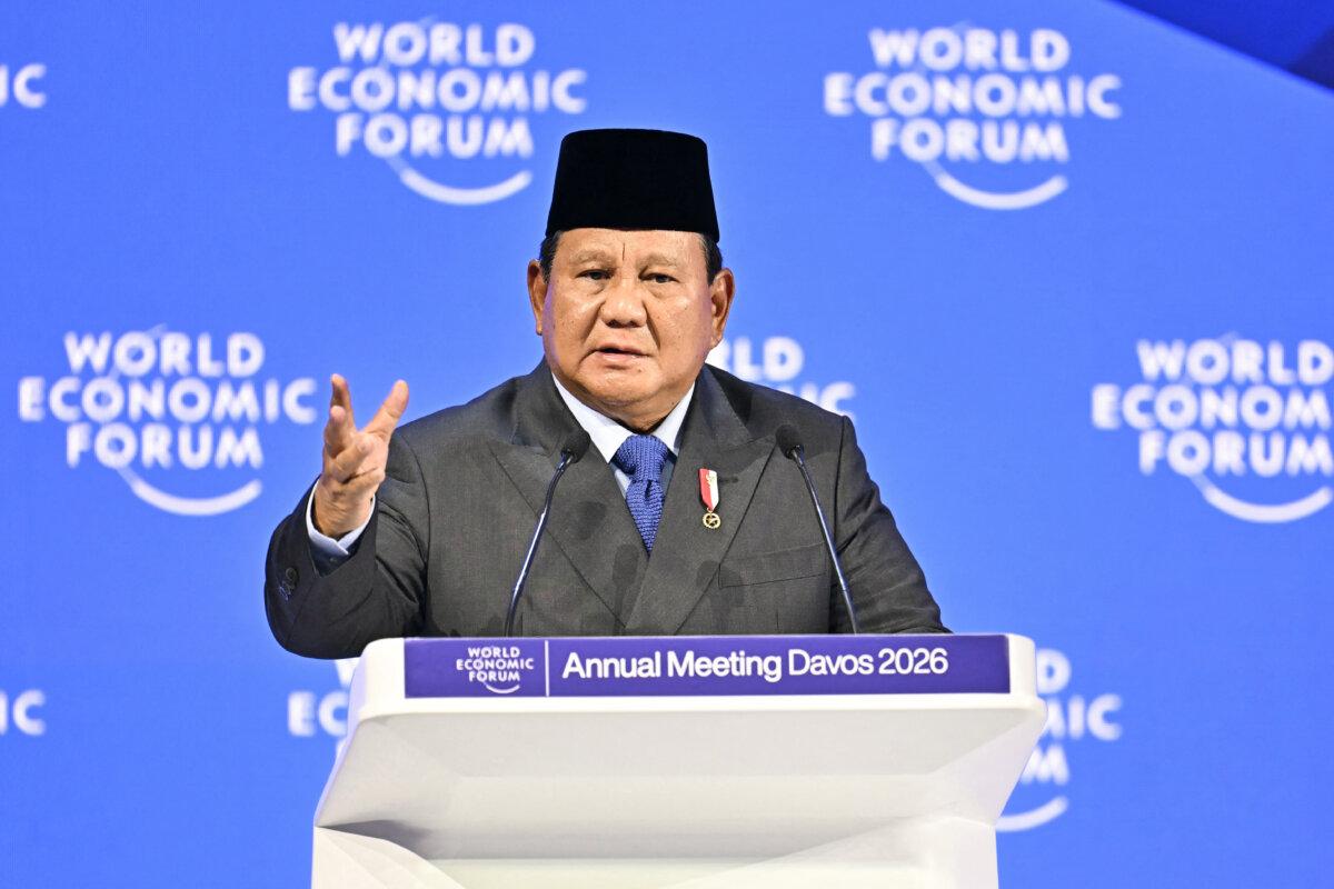 Indonesia's President Prabowo Subianto gestures as he speaks during the World Economic Forum annual meeting in Davos, Switzerland, on Jan. 22, 2026. (Fabrice Coffrini/AFP via Getty Images)