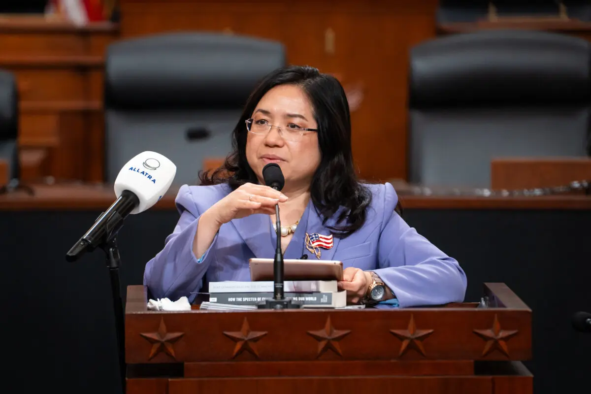 Janice Trey, board chair of The Epoch Times and NTD, speaks during the International Interfaith Conference, “United in Liberty: The Rise of Spiritual Diplomats,” on Capitol Hill in Washington, on Jan. 22, 2026. (Madalina Kilroy/The Epoch Times)