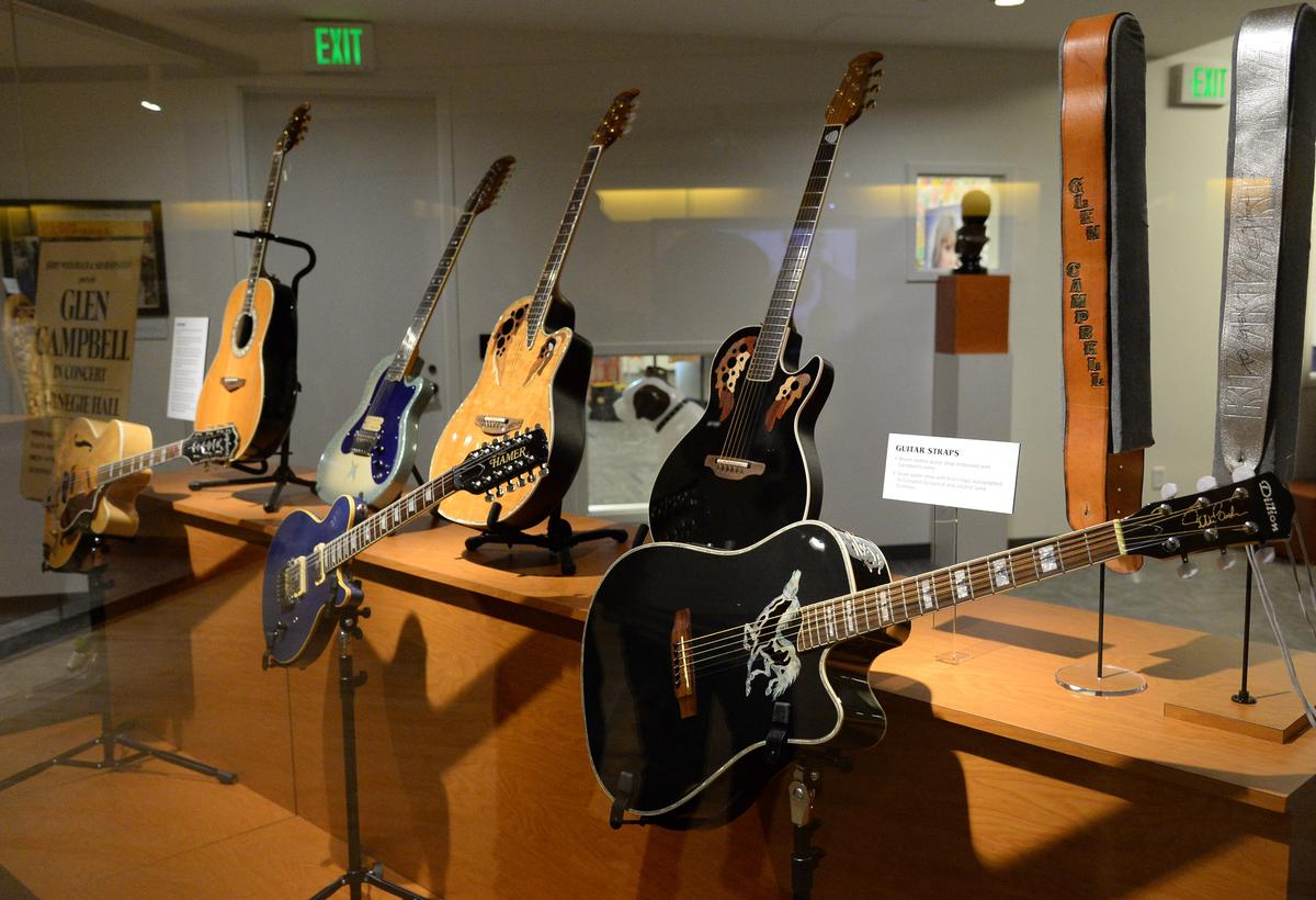Glen Campbell's guitars, including his Hamer 12 String (bottom C), exhibited at the Country Music Hall of Fame and Museum in Nashville, Tenn. (Rick Diamond/Getty Images)
