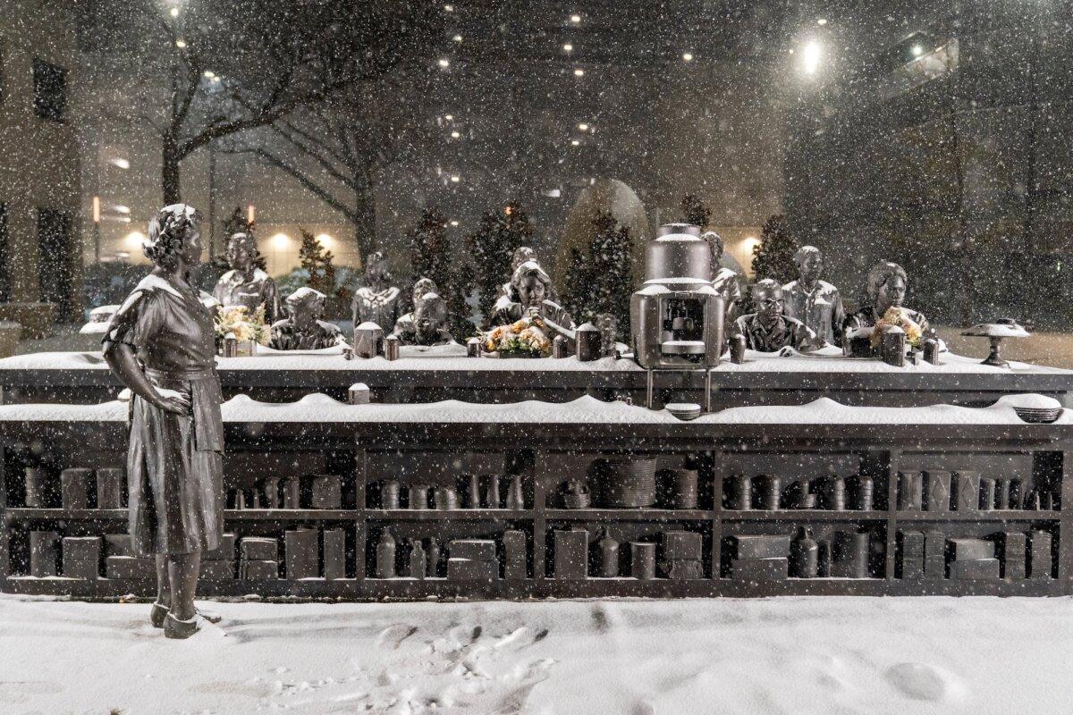 Snow falls over the Clara Luper National Sit-In Plaza in Oklahoma City, Oklahoma, on Jan. 23, 2026. (Reuters/Nick Oxford)