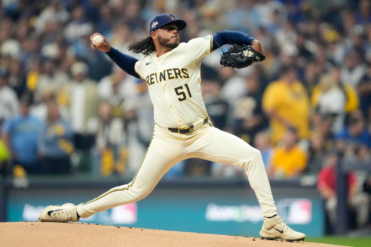 Freddy Peralta #51 of the Milwaukee Brewers pitches during the first inning against the Los Angeles Dodgers in game two of the National League Championship Series at American Family Field in Milwaukee, Wis., on Oct. 14, 2025. (Patrick McDermott/Getty Images)