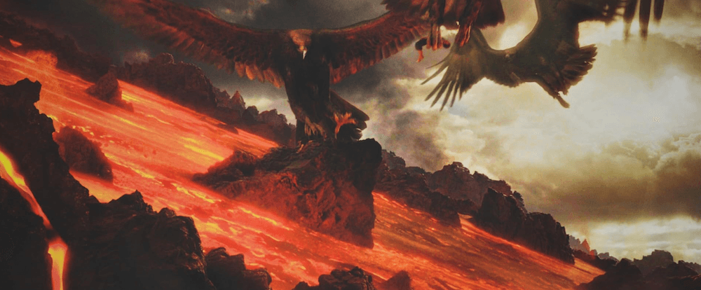 The slopes of Mt. Doom run with lava and giant eagles fly above, in "The Lord of the Rings: The Return of the King." (New Line Cinema)