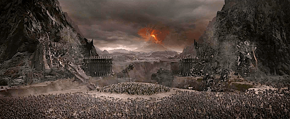 The gates of Mordor, with Orodruin, also known as Mt. Doom, in the background in Peter Jackson's "The Lord of the Rings: The Two Towers." (New Line Cinema)