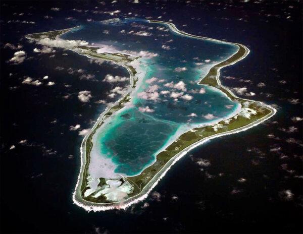 An image released by the U.S. Navy shows an aerial view of Diego Garcia. (U.S. Navy via AP)