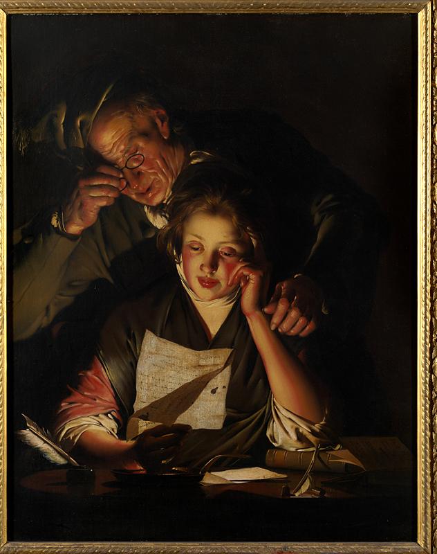 “A Girl Reading a Letter With an Old Man Reading Over Her Shoulder,” circa 1767–1770, by Joseph Wright of Derby. Oil on canvas; 36 inches by 28 inches. Private collection, care of Omnia Art Ltd. (Copyright Omnia Art Ltd.)