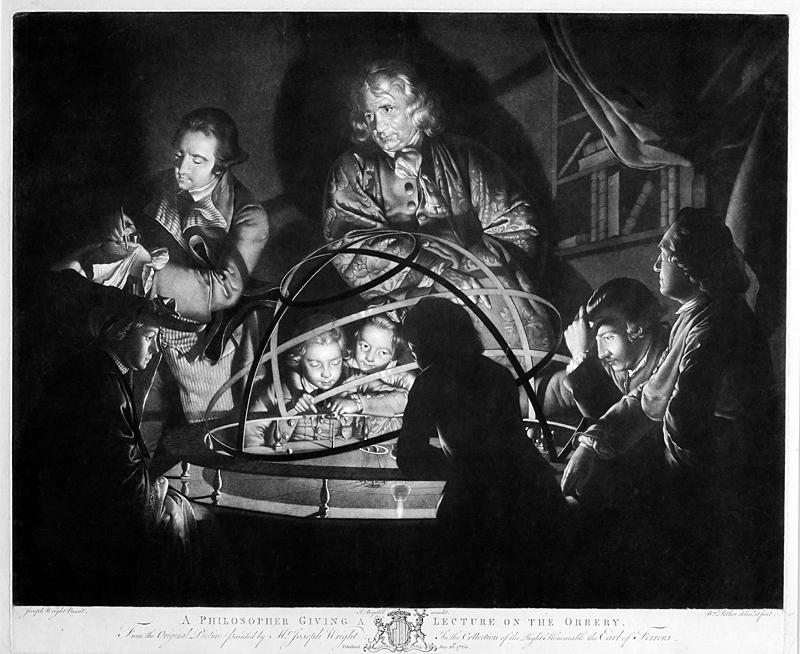“A Philosopher Giving a Lecture on the Orrery,” 1768, by William Pether, after Joseph Wright of Derby. Mezzotint print. Derby Museum and Art Gallery. (Copyright Derby Museums)