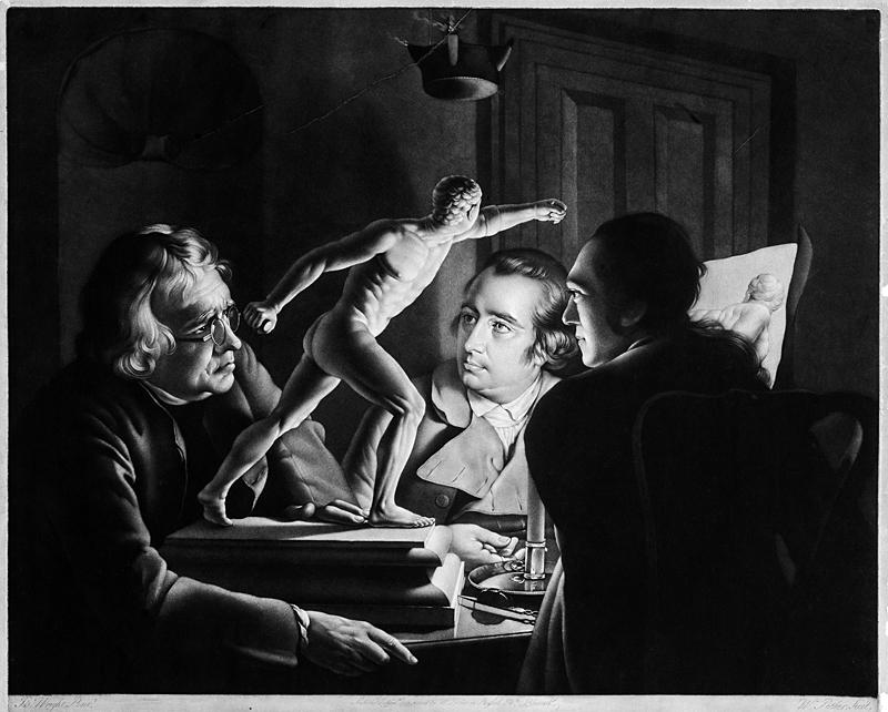 “Three Persons Viewing the Gladiator by Candlelight,” 1769, by William Pether, after Joseph Wright of Derby. Mezzotint print. Derby Museum and Art Gallery. (Copyright Derby Museums)