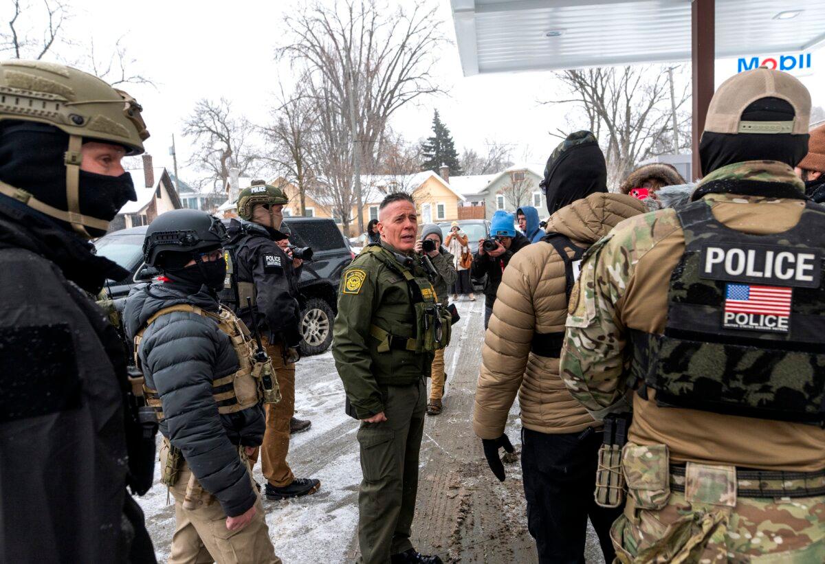 Border Patrol commander Gregory Bovino (C) in Minneapolis, Minn., on Jan. 21, 2026. (Stephen Maturen/Getty Images)