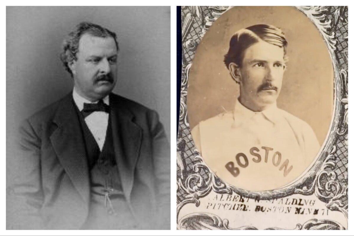 (Left) William Hulbert, image from the Baseball Hall of Fame, and (Right) Albert Spalding, 1871 Boston Red Stockings baseball card. (Public Domain)