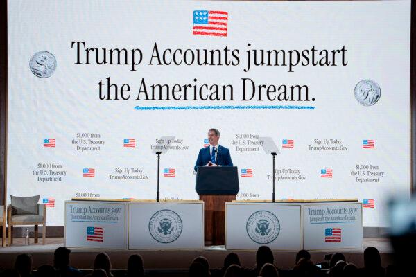 Treasury Secretary Scott Bessent speaks during the Trump Accounts summit at the Andrew W. Mellon Auditorium in Washington on Jan. 28, 2026. (Madalina Kilroy/The Epoch Times)