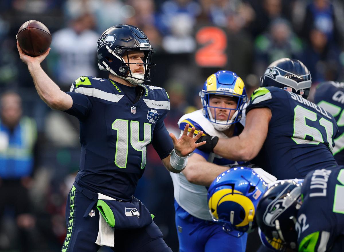 Sam Darnold (14) of the Seattle Seahawks throws a pass during the first quarter against the Los Angeles Rams in the NFC Championship game at Lumen Field in Seattle, on Jan. 25, 2026. (Ronald Martinez/Getty Images)