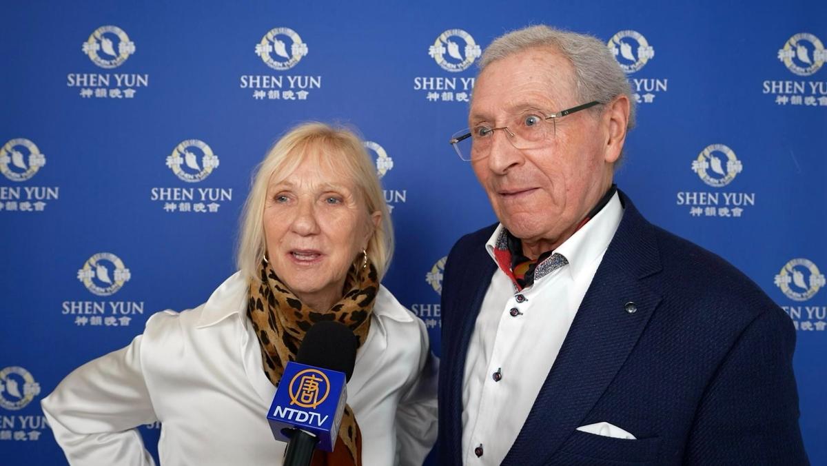 Alain and Jocelyne Ronzeaud, respectively a former dental surgeon and painter, at the Shen Yun performance in Paris on Jan. 27, 2026. (NTD)