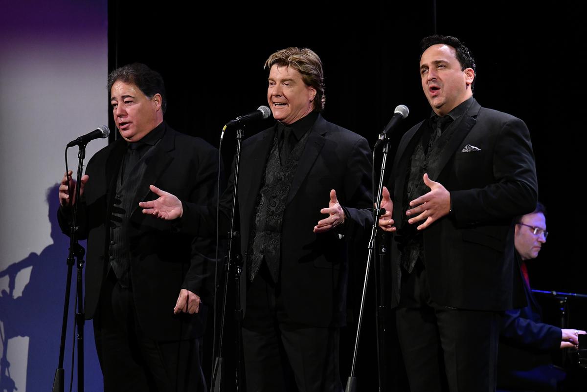 (L-R) Daniel Rodriguez, Andy Cooney, and Christopher Macchio of The New York Tenors perform in New York City, 2019. The New York tenors have been performing publicly togethers since 2013. (Slaven Vlasic/Getty Images)
