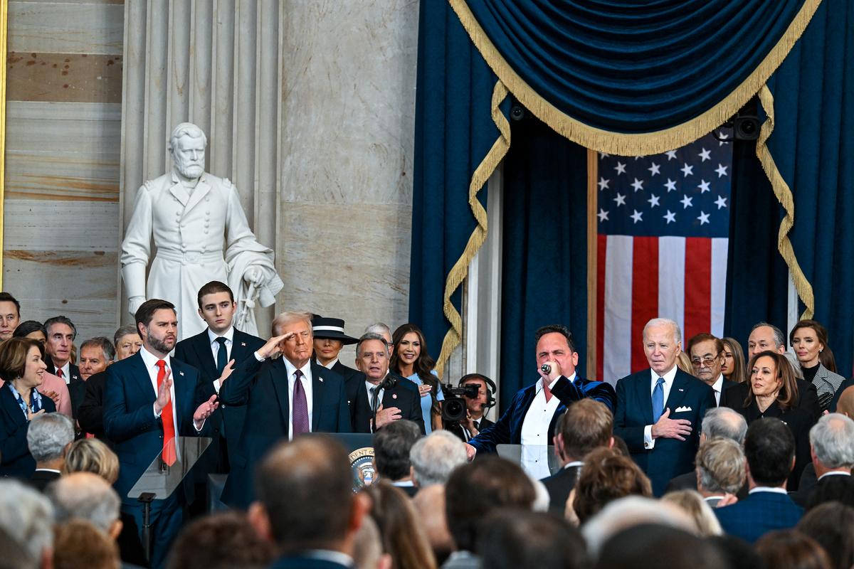 President Donald Trump listens to Christopher Macchio at his inauguration in the U.S. Capitol Rotunda on Jan. 20, 2025 in Washington. (Kenny Holston-Pool/Getty Images)