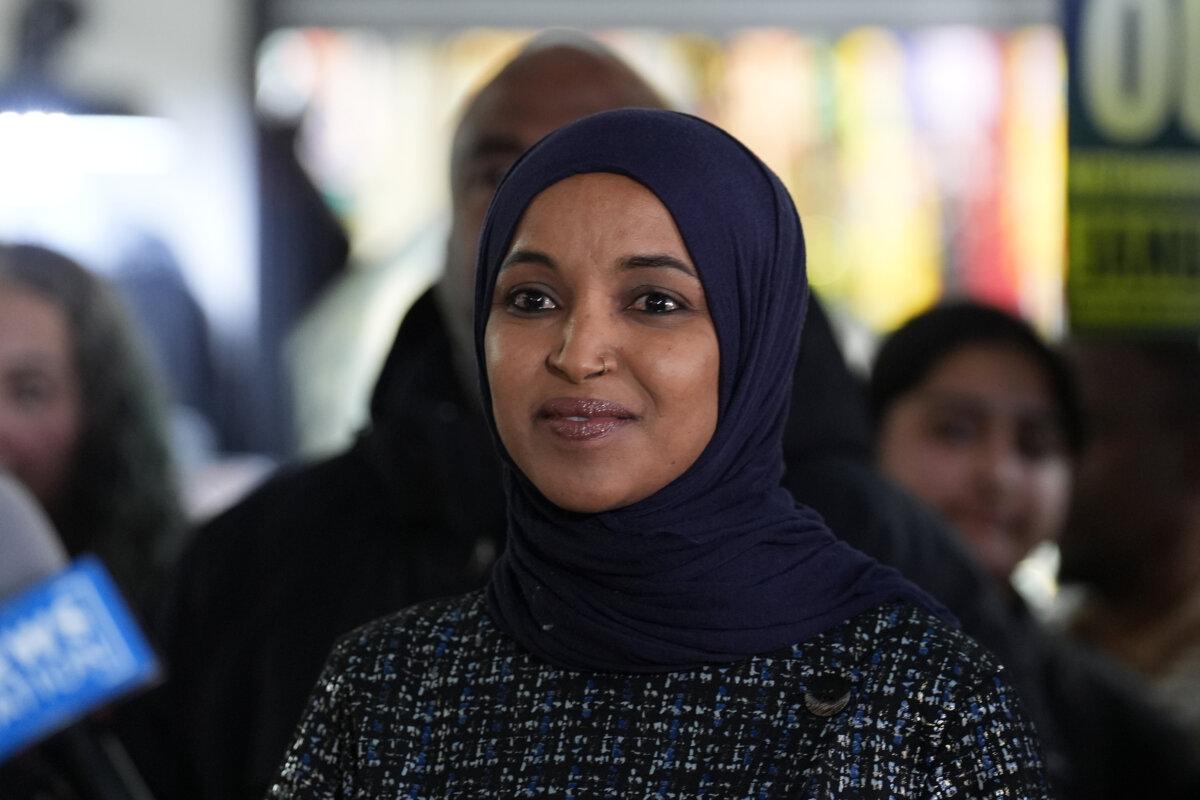Rep. Ilhan Omar (D-Minn.) stands during a press conference on Jan. 28, 2026, in Minneapolis. (Adam Gray/AP Photo)