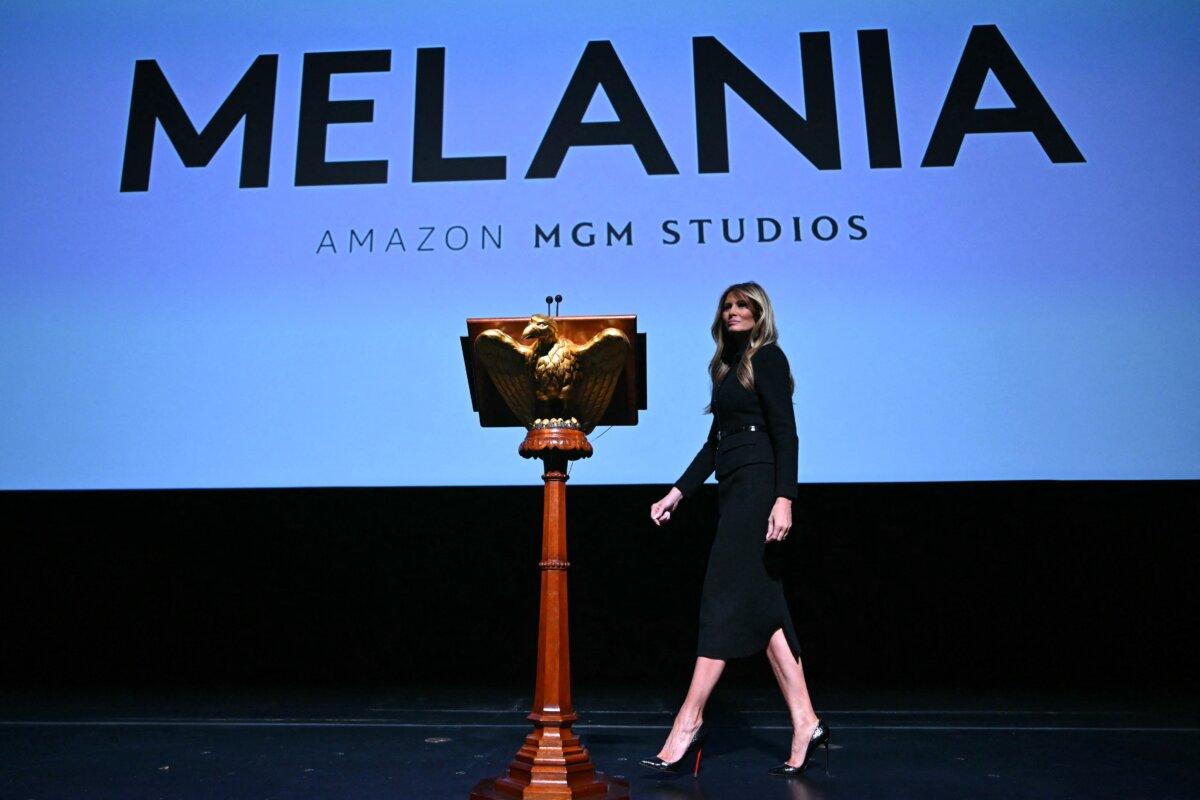 First Lady Melania Trump approaches the lectern to speak during the world premiere of Amazon MGM Studios' "Melania" at the Trump Kennedy Center in Washington on Jan. 29, 2026. (Brendan Smialowski/AFP via Getty Images)