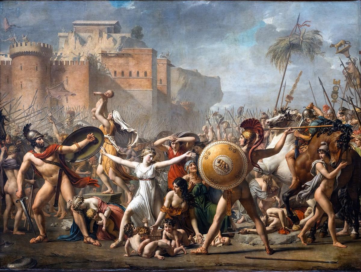 "Intervention of the Sabine Women," 1799, by Jacques-Louis David. Hersilia, the wife of Romulus and daughter of Titus Tatius, leader of the Sabines, throws herself and her children in between the fighting men to plead for peace. (Public Domain)